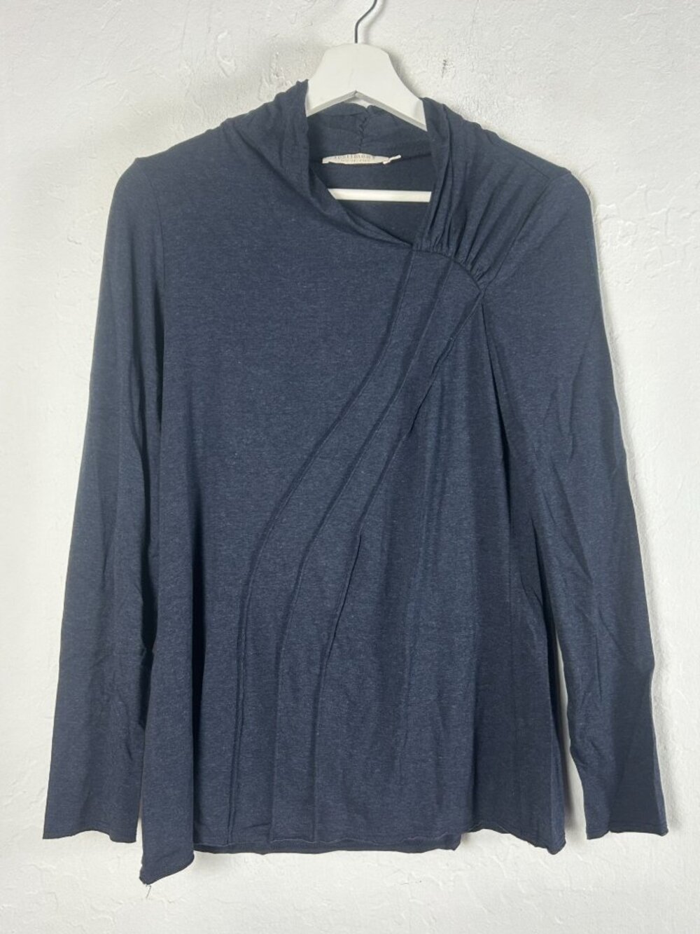 Testimony Womens Navy Long Sleeve Asymmetric Neck Textured Accent Top Small